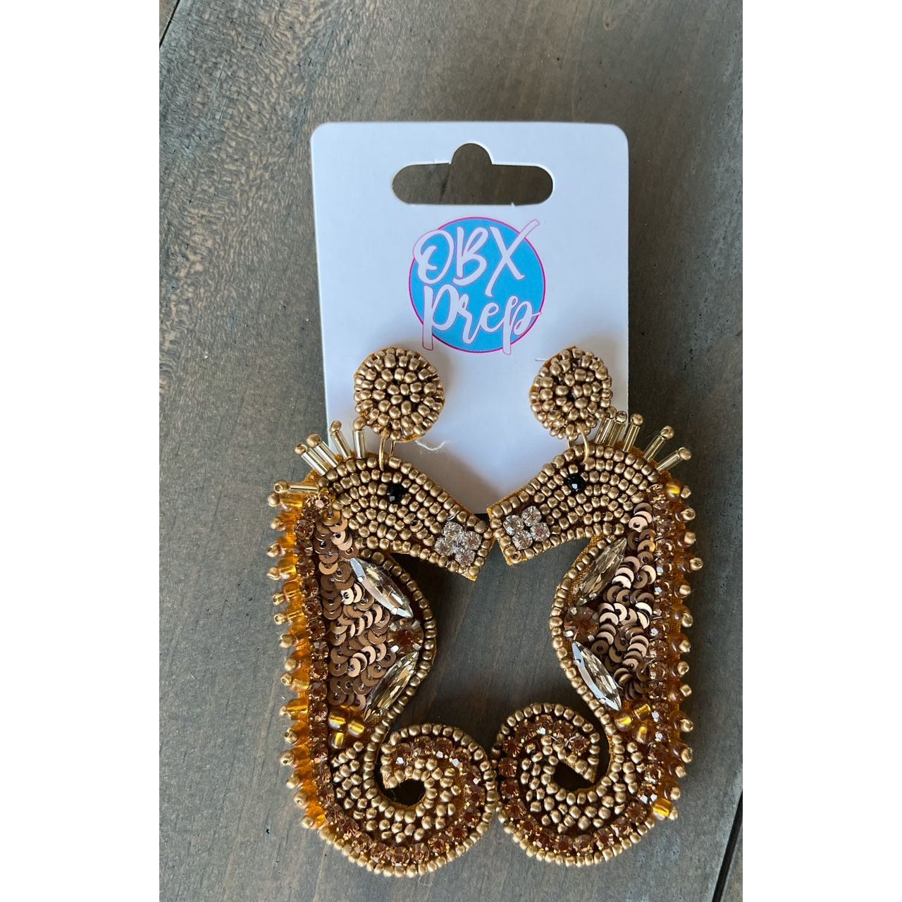 Gold Seahorse Seed Beaded Dangle Earrings by OBX Prep