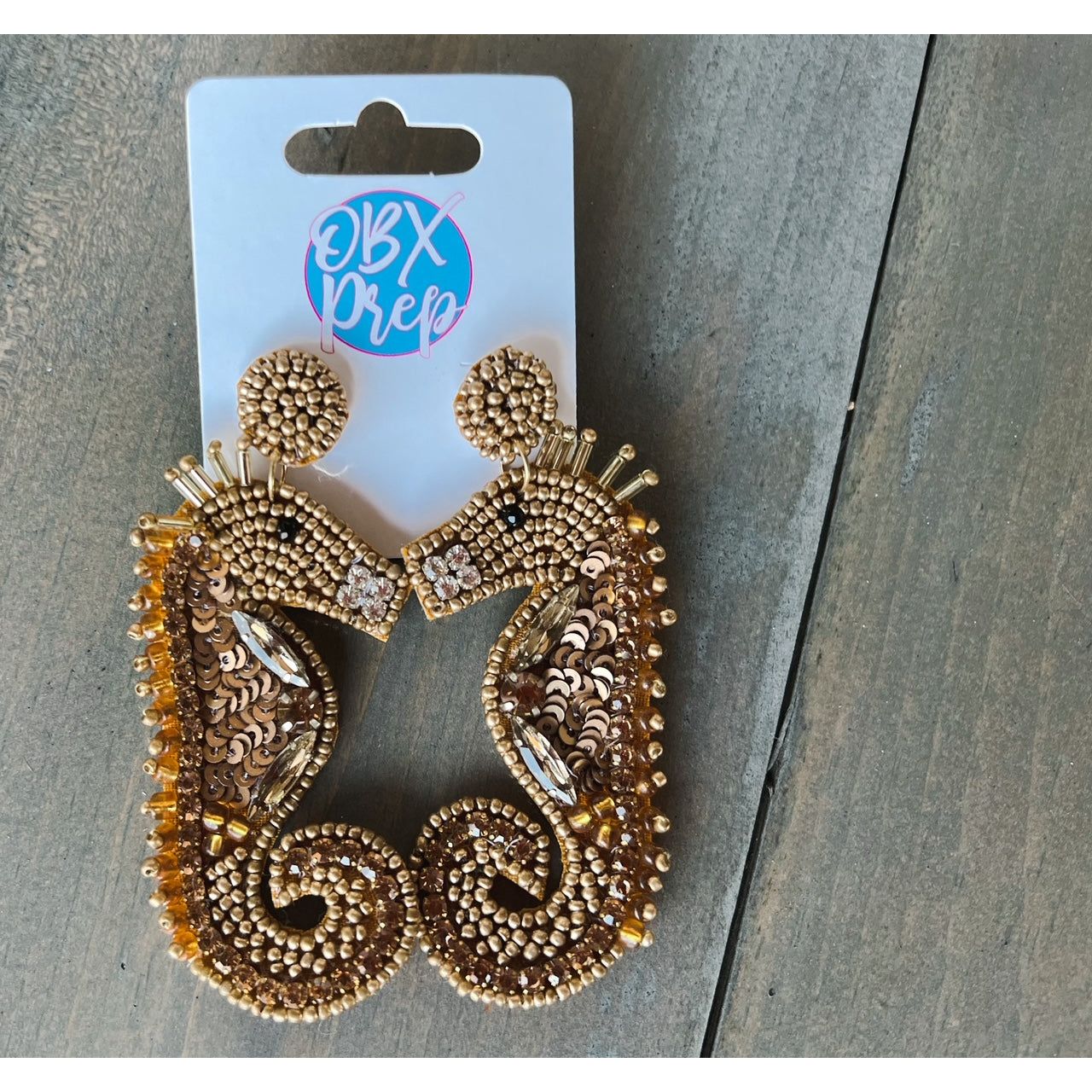 Gold Seahorse Seed Beaded Dangle Earrings by OBX Prep