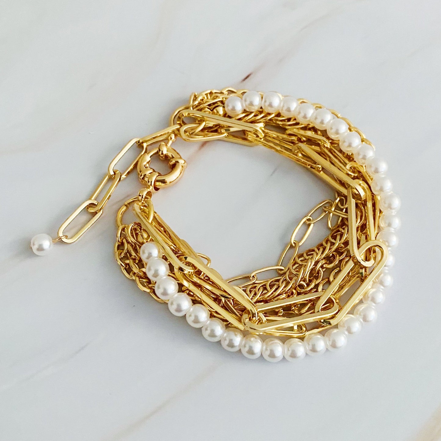 Multi Chain & Pearl Bracelet by Ellisonyoung.com