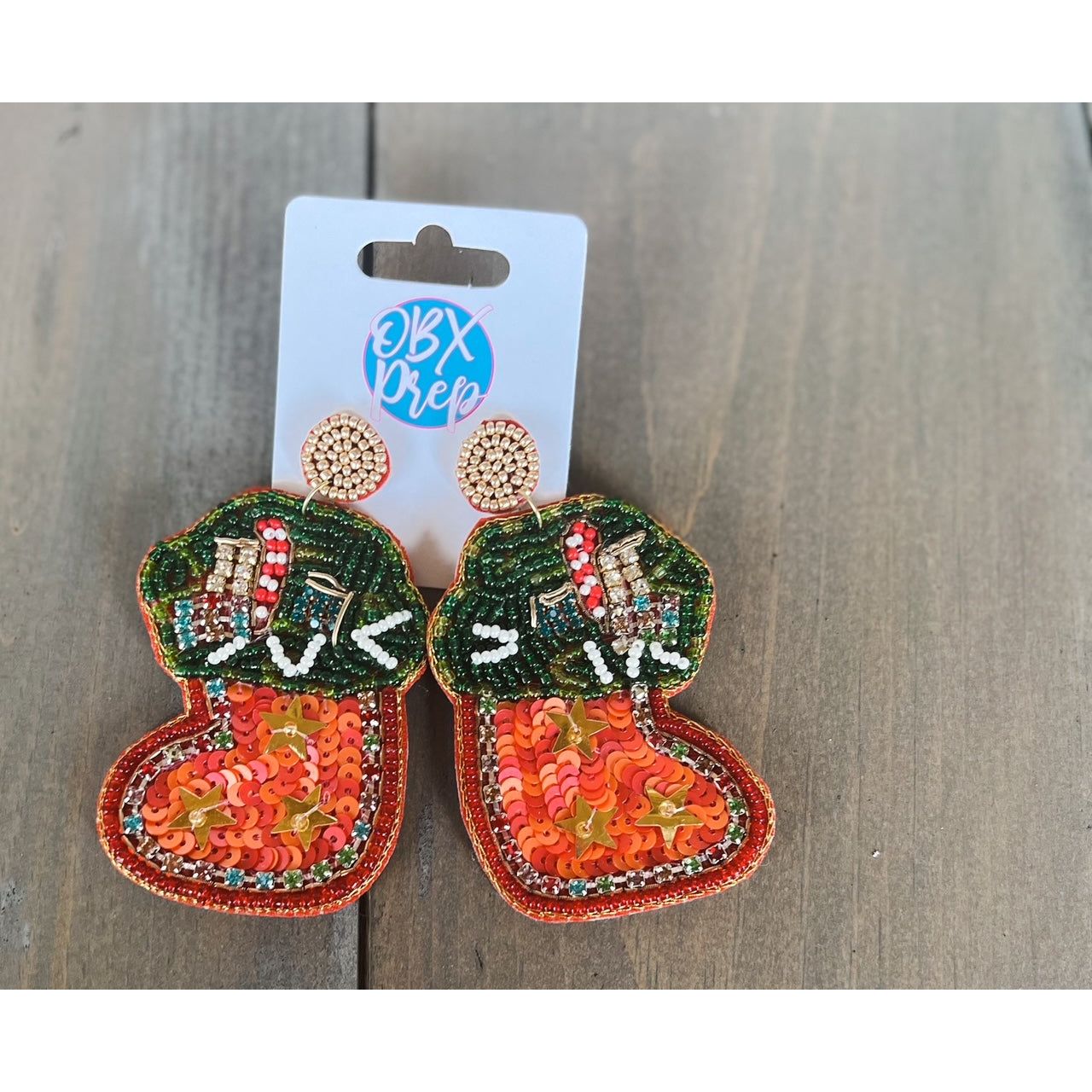 Glam Christmas Stocking Seed Beaded Drop Earrings by OBX Prep