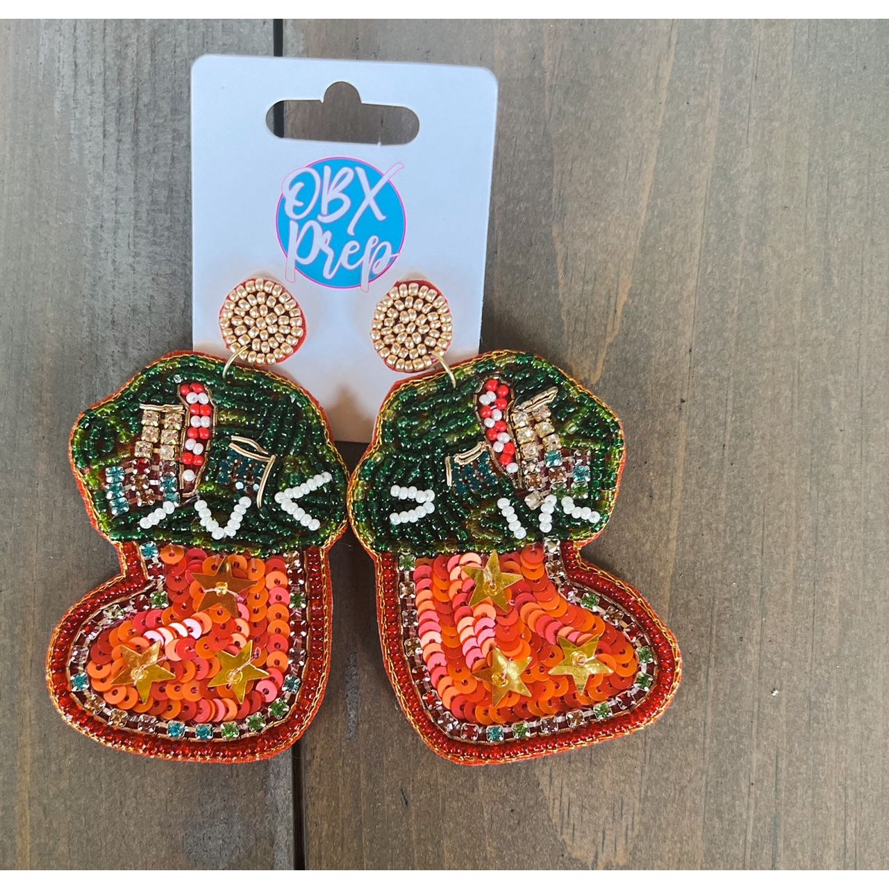 Glam Christmas Stocking Seed Beaded Drop Earrings by OBX Prep